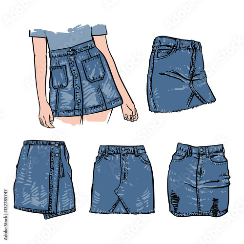 Denim skirt on a white background. Hand drawn Jean skirt outline