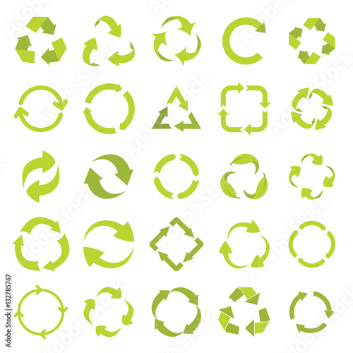 Recycle eco signs set in green flat style. elements of illustration  emblems  infographic.