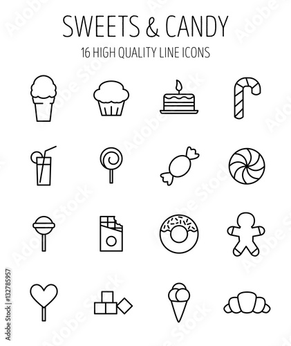 Set of sweets icons in modern thin line style. 