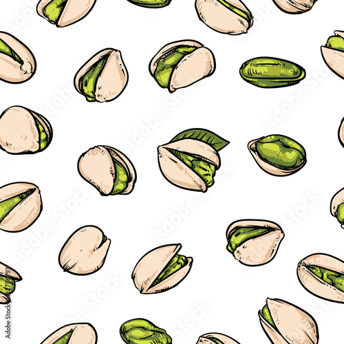 Pistachios pattern including seamless on white background. Hand
