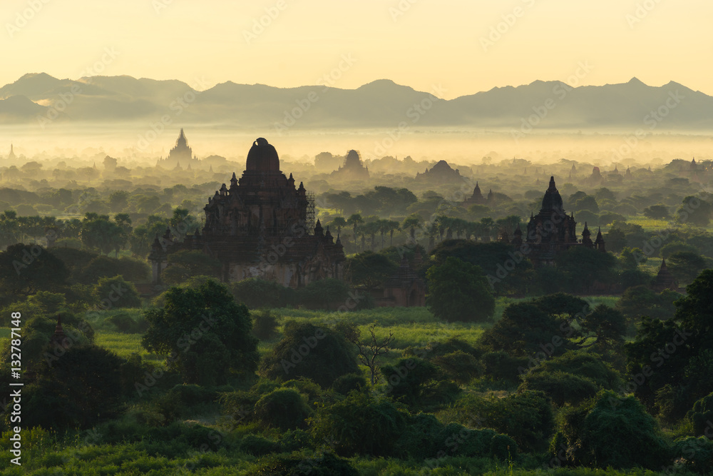 Silhouette of Bagan pagodas and temples at sunrise, Mandalay, My Silhouette of Bagan pagodas and temples at sunrise, Mandalay, My