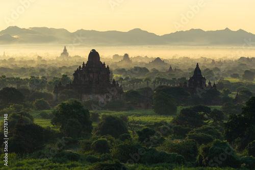 Silhouette of Bagan pagodas and temples at sunrise, Mandalay, My