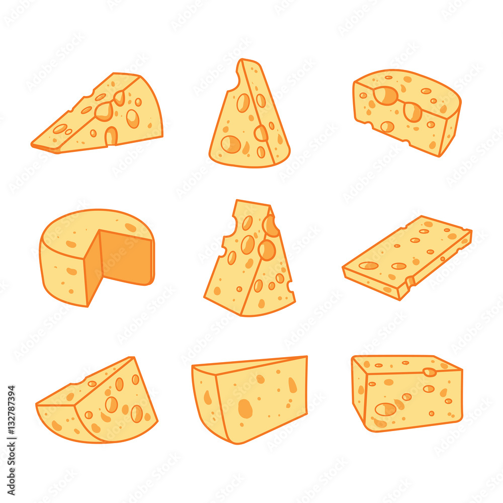 Vector set of cheese isolated on a white background. Hand drawn Vector set of cheese isolated on a white background. Hand drawn