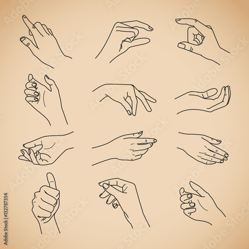 Hand collection - vector line illustration - vintage background