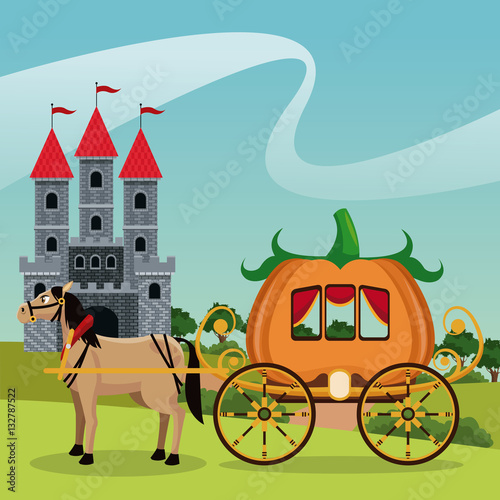 castle with pumpkin carriage horse landscape vector illustration eps 10