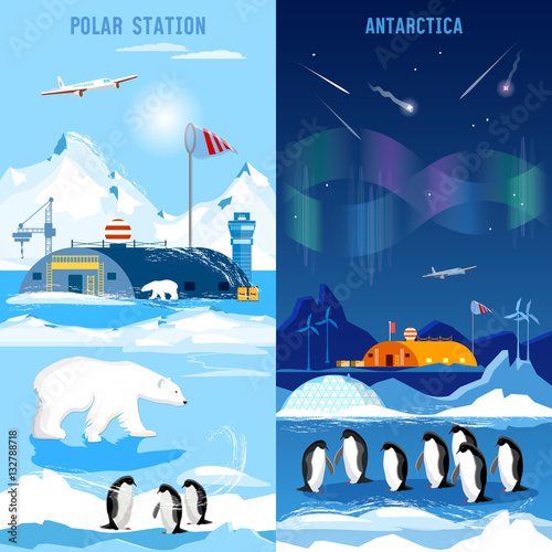 North Pole, polar station banners. Penguins, polar bears