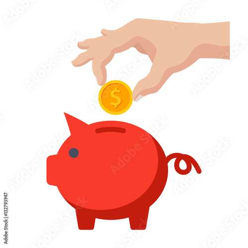 Savings money concept, piggy bank and hand with coin
