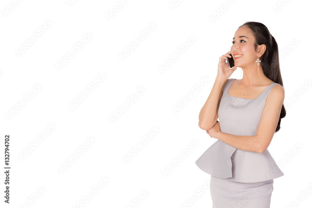 Portrait of Asian business women talking with partner in smartphone feeling smile and so happiness Portrait of Asian business women talking with partner in smartphone feeling smile and so happiness