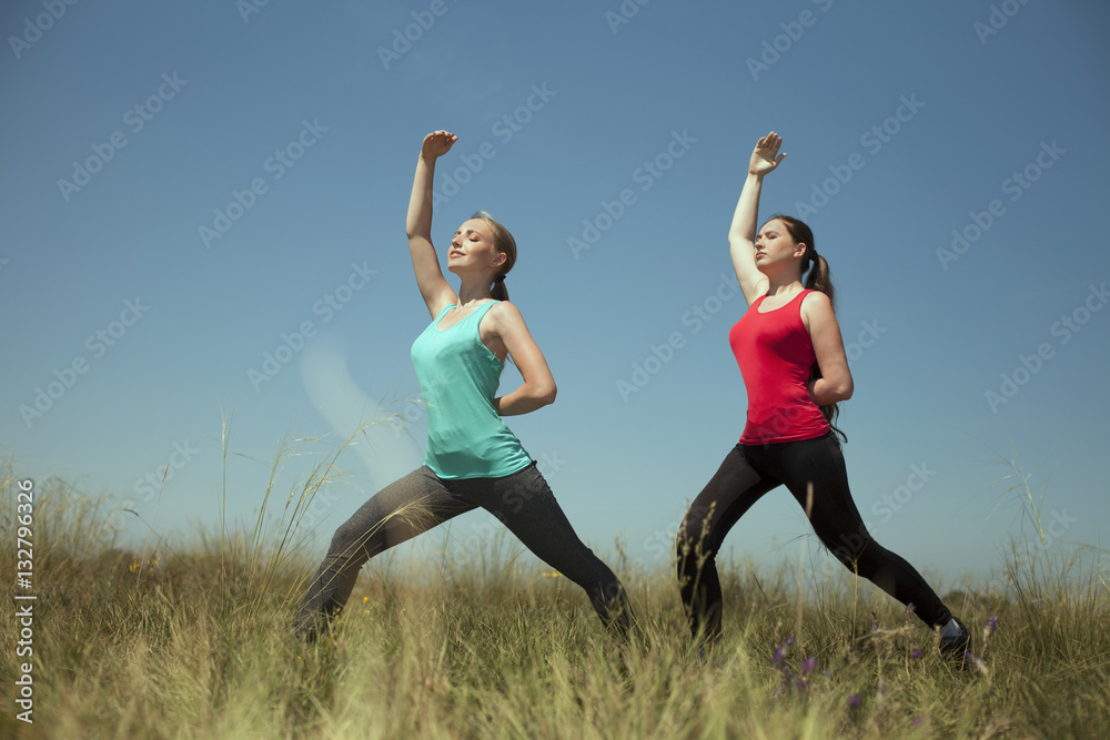 Young two women doing yoga outdoors photo stay and shows poses Young two women doing yoga outdoors photo stay and shows poses