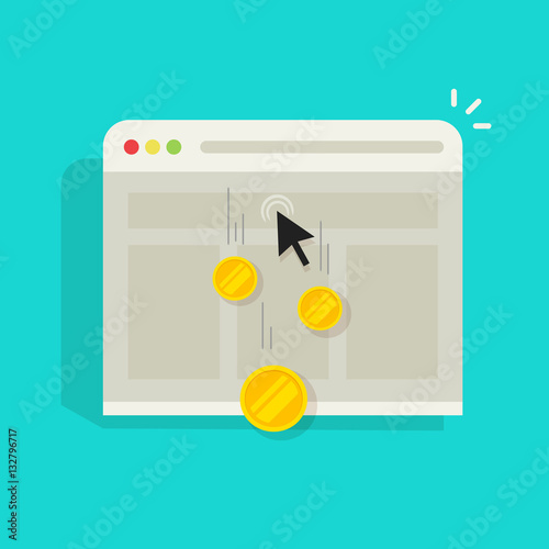 Pay per click PPC vector illustration or cost per click CPC, internet advertising concept, marketing symbol, web browser window with mouse cursor and golden coins earned
