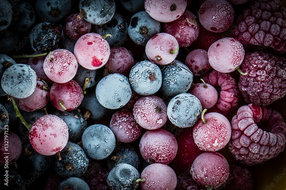 frozen berries, black currant, red currant, raspberry, blueberry. top view. macro - obrazy, fototapety, plakaty 