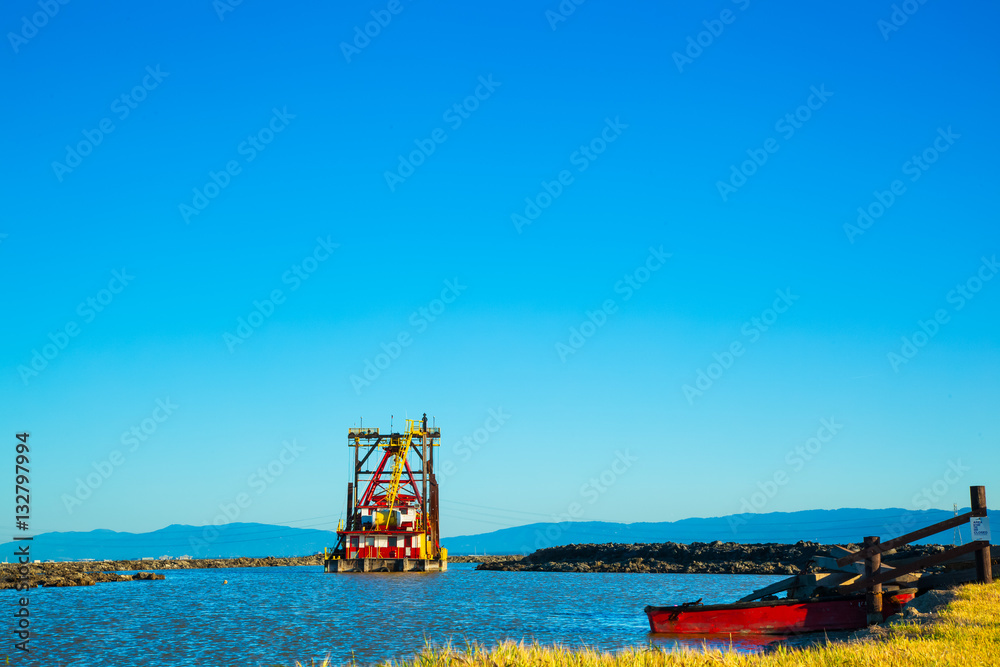Αυτοκόλλητο Floating dredge in San Francisco Bay salt ponds