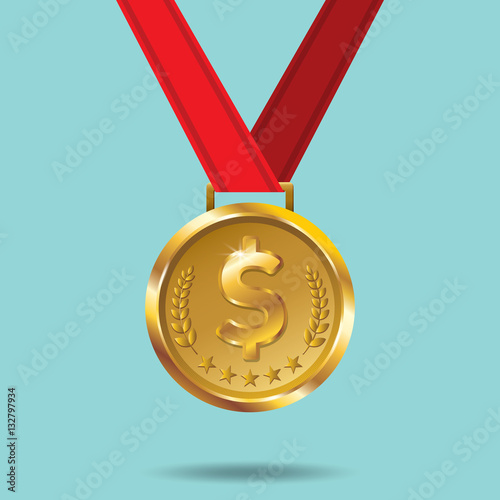 Vector gold medal and red ribbon on green background. Gold medal and red ribbon concept. Use for Sport, business, marketing, creative, web design and graphics. Vector, Background.