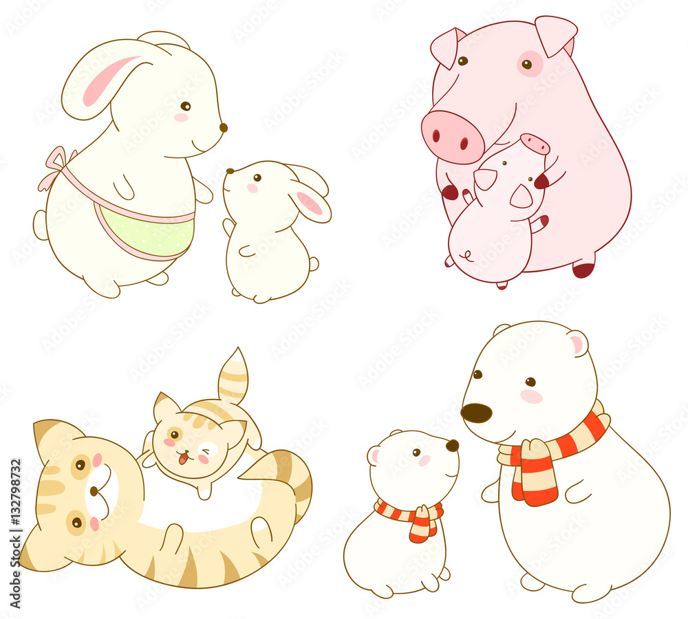 Collection of cartoon animals in kawaii style
