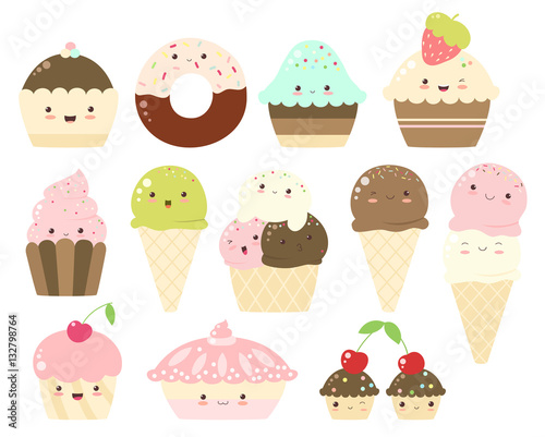 Collection of ice cream in waffle cones and cupcakes