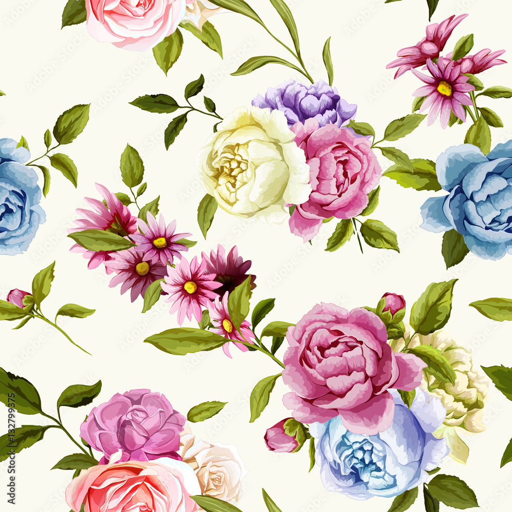 Peony and roses with leaves. Seamless background pattern. Vector - stock. Peony and roses with leaves. Seamless background pattern. Vector - stock.