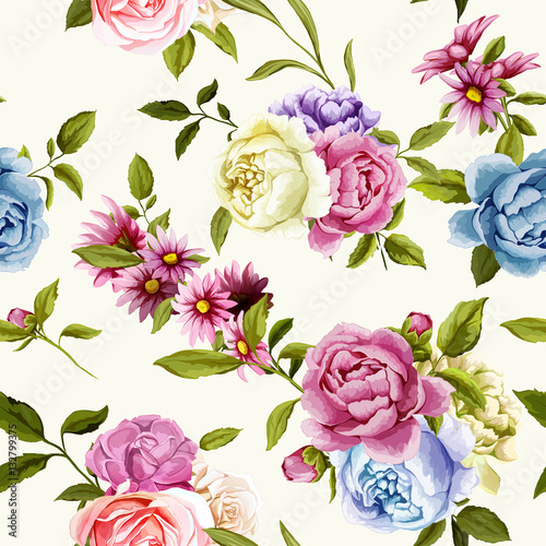 Peony and roses with leaves. Seamless background pattern. Vector - stock.