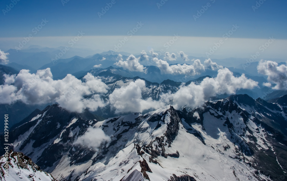 Panorama View from Capanna Regina Margherita on the mountain Monte Rosa in the Italian alps.