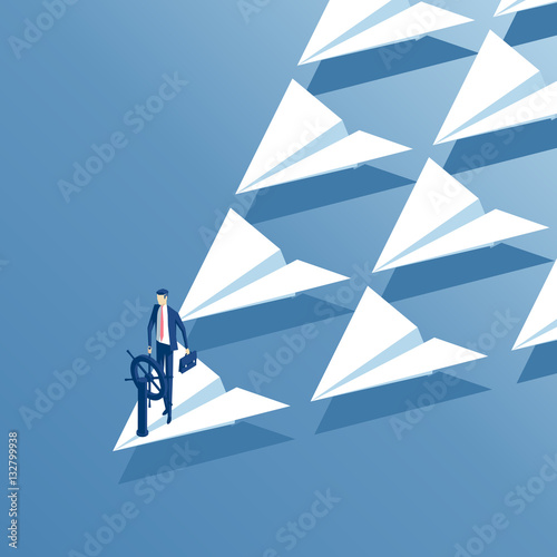 Businessman at the helm stands at the head of a squadron of paper airplanes. Isometric employee behind the wheel and riding on a flying paper plane. Business concept leadership