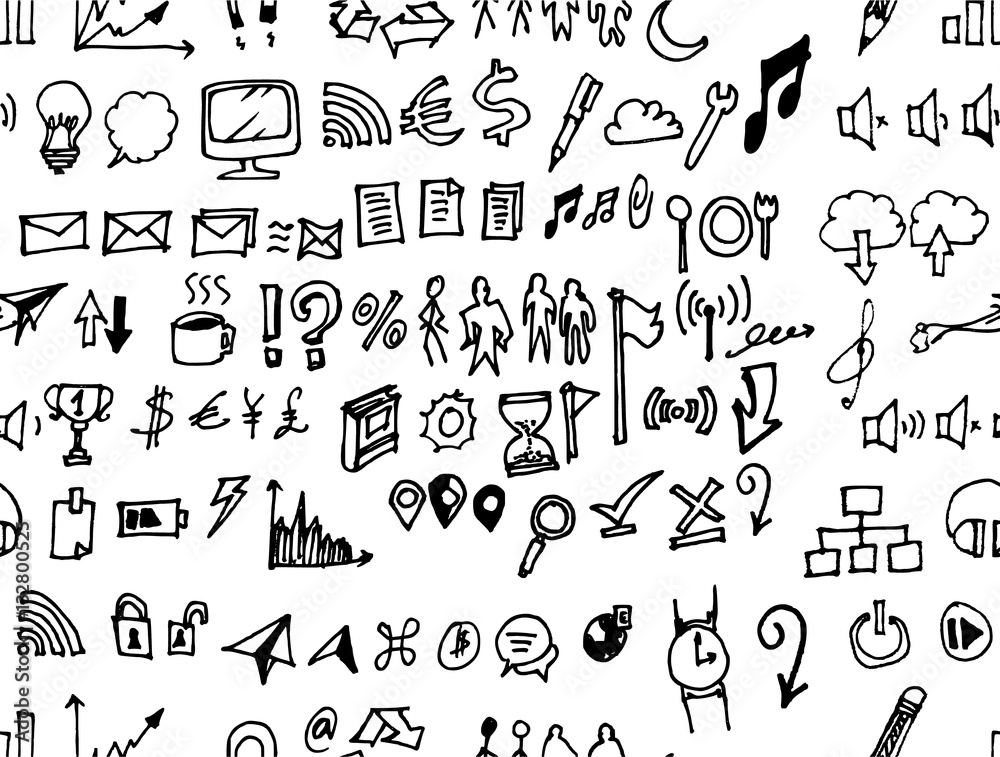 Hand drawn seamless doodle pattern with business symbols