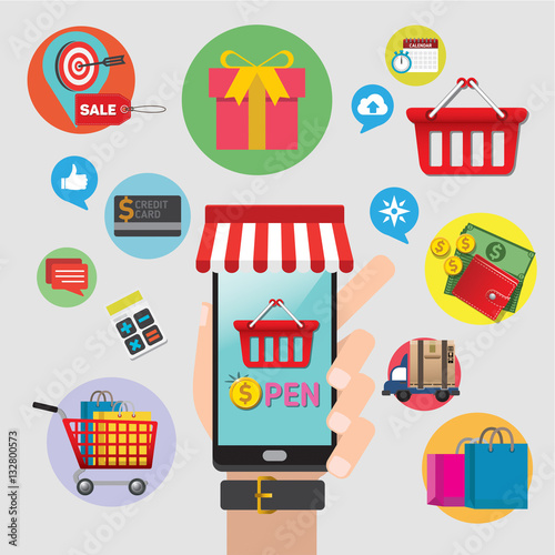Mobile marketing concept idea with flat icons. Vector illustration. Set of flat design concept icons for online shopping. 