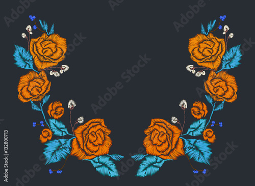Rose patches set, flower embroidery for t-shirt design, neck line print,... Hand drawn editable elements, vector illustration.