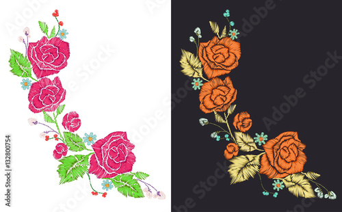 Rose patches set, flower embroidery for t-shirt design, neck line print,... Hand drawn editable elements, vector illustration.