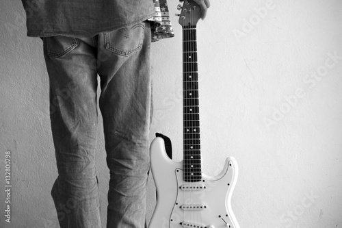 Bild auf Leinwand .Boy with his electric guitar. Get ready for the show tonight St
