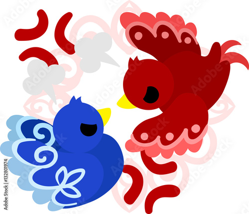 The quarreling cute little birds of mysterious design
