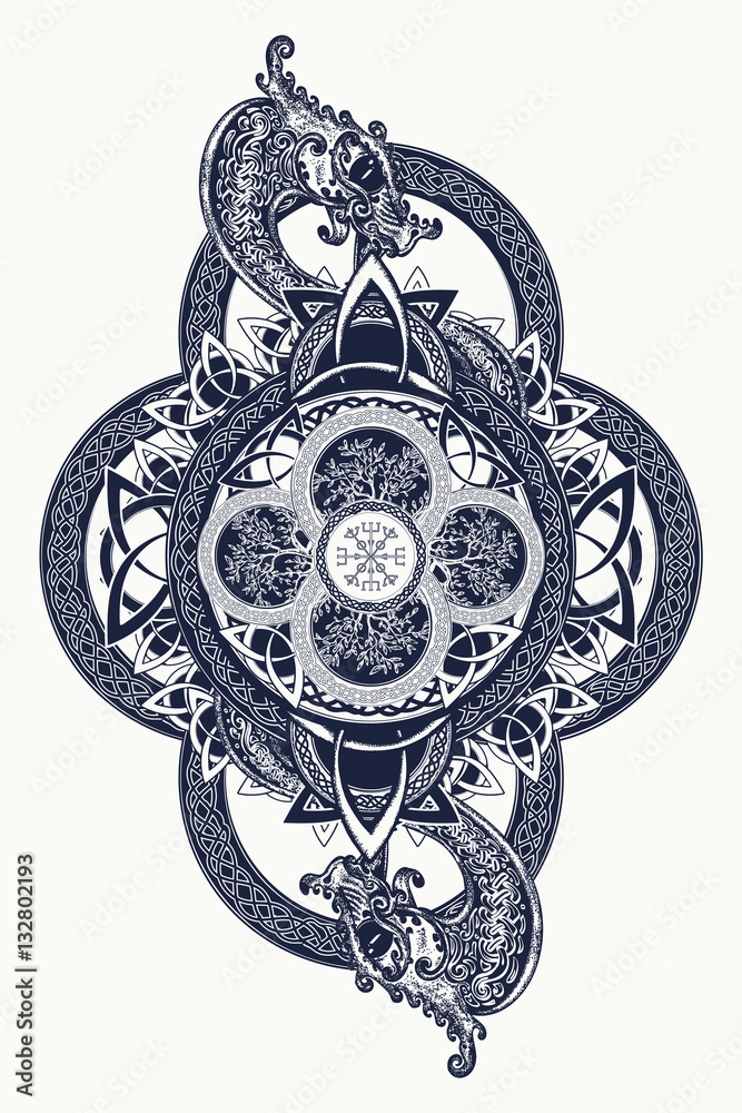 Dragons and Celtic tree of life, tattoo. Mystic tribal symbol Stock Vector  | Adobe Stock