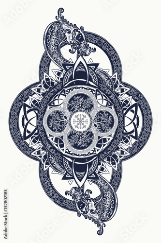 Canvas Print Dragons and Celtic tree of life, tattoo. Mystic tribal symbol