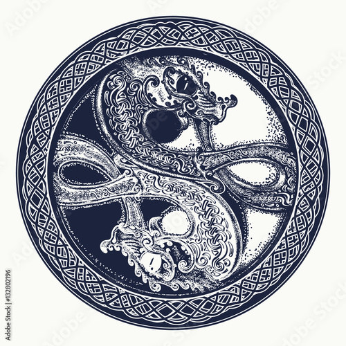 Two Dragons in the Celtic style, tattoo. Black and white dragon