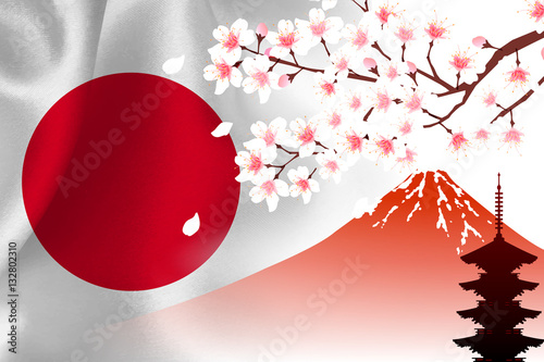 日本　 国旗　富士山　桜
