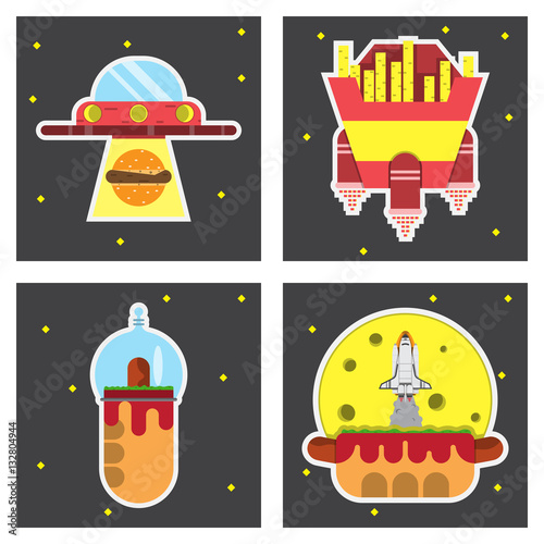 fast food and space,UFO and hamburger,shuttle and hot dog, french fries