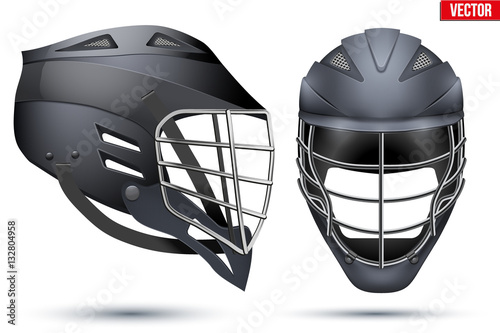 Black Lacrosse Helmet Set. Front and Side View. Sport goods and equipment. Vector Illustration isolated on white background.