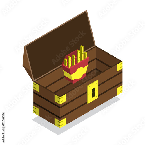 Wooden chest and French fries 3D