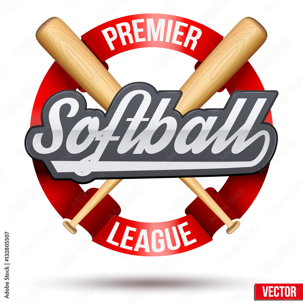 Softball Circle label. Ribbon and tag with wooden bats. Sporting Symbol
