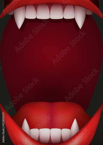 Party Invitation with vampire mouth open red lips and long teeth. Vector Illustration.