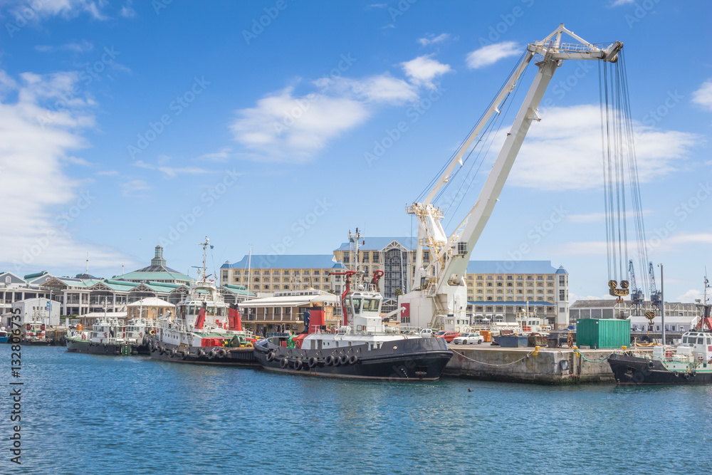 Container crane and boats at Victoria and Alfred Waterfront, Cape Town