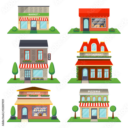 Restaurant and shop facade set isolated on white background vector illustration. Cafe, restaurant, sweet shop, bakery, market, bar, pizzeria. Detailed city public building collection in flat design.