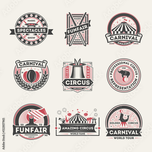 Circus vintage isolated label set vector illustration. Amazing carnival symbol, original magic show icon, professional circus logo. World tour spectacle and funfair, welcome circus badge collection