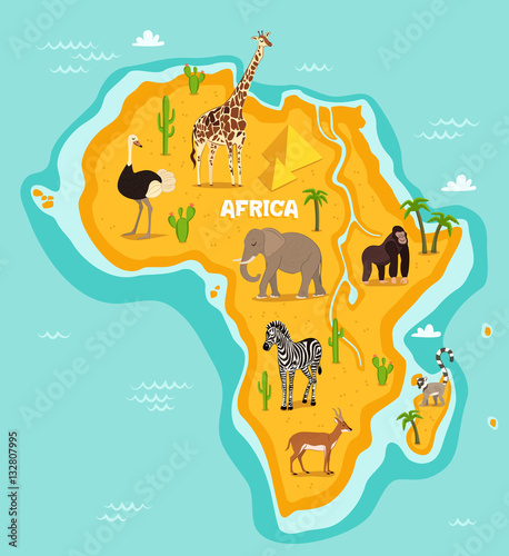 African animals wildlife vector illustration. African fauna, ostrich, giraffe, elephant, monkey, zebra, lemur, antelope in cartoon style. African continent in blue ocean with wild animals and plants