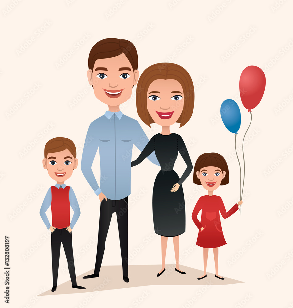 Happy family couple with children isolated vector illustration. Husband