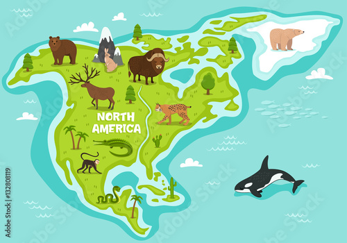 North american map with wildlife animals vector illustration. American flora and fauna, monkey, alligator, bear, lynx, bison, snake, deer, whale. North american continent in cean with wild animals.