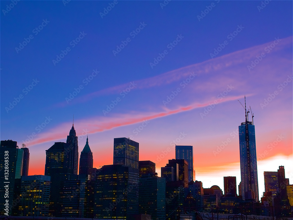 Purple sky at magic time,Manhattan downtown,