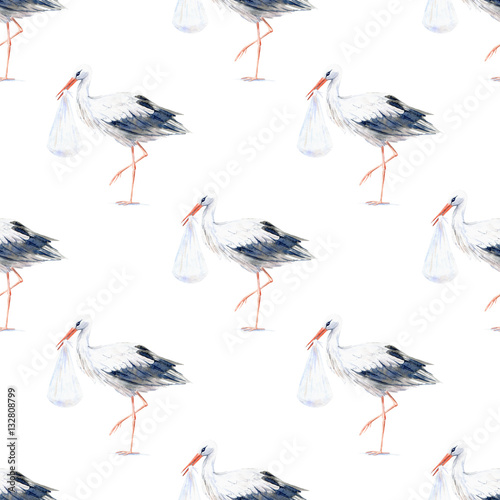 Seamless pattern of a stork and baby.Watercolor hand drawn illustration.Newborn picture.White background.