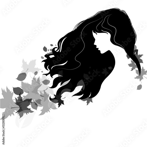 beautiful girl silhouette with flying hair and autumn leaves bla