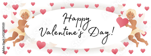 Cupid angel with bow and arrow aiming at someone's heart illustration. Valentine's day card decoration. Vector. 