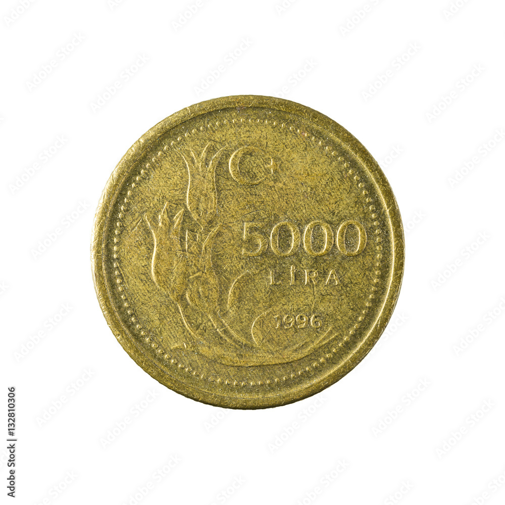 5000 turkish lira coin (1996) isolated on white background 5000 turkish lira coin (1996) isolated on white background