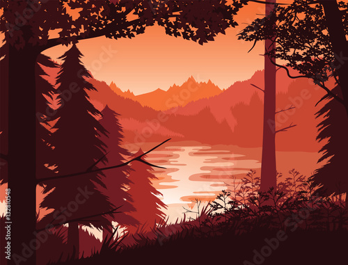 Background of landscape with river, forest and mountains.